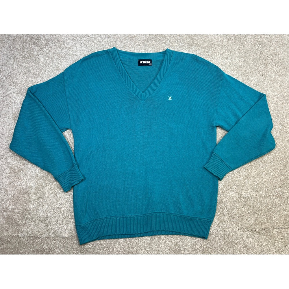 Vtg McBriar Mens Teal V Neck Sweater Long Sleeve Cotton Made in USA Size L